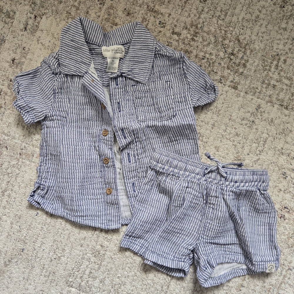 Carter's Little Planet Blue and White Striped Set